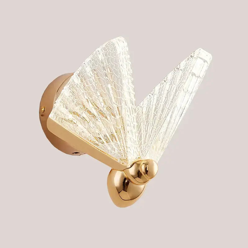 Gold-finished modern wall lamp with two translucent crackled glass wings for bedroom decorbites butterfly wall lamp