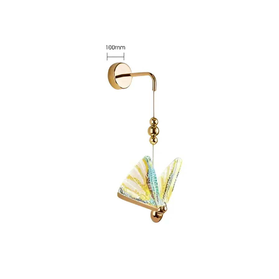 Modern gold wall lamp with a delicate iridescent butterfly pendant in pastel blue and yellow for bedroom decorbites butterfly wall