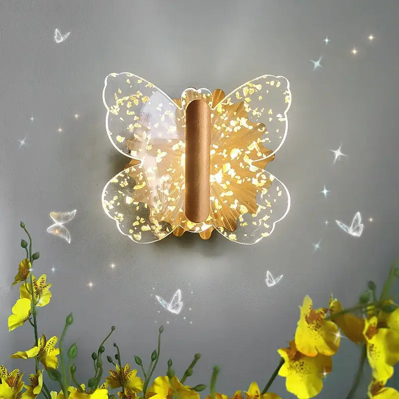 Modern gold butterfly wall lamp with translucent wings embedded with shimmering gold flakes for elegant decorbites butterfly wall lighting