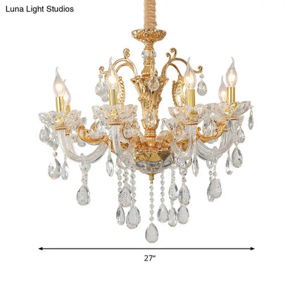 Lámpara de araña moderna dorada con candelabro y detalles de cristal - 8 cabezales colgantes de metal