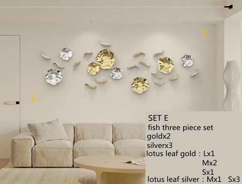 Modern gold and silver metallic lotus leaf wall pendant featuring carp fish design for living room decorbites carp fish decor