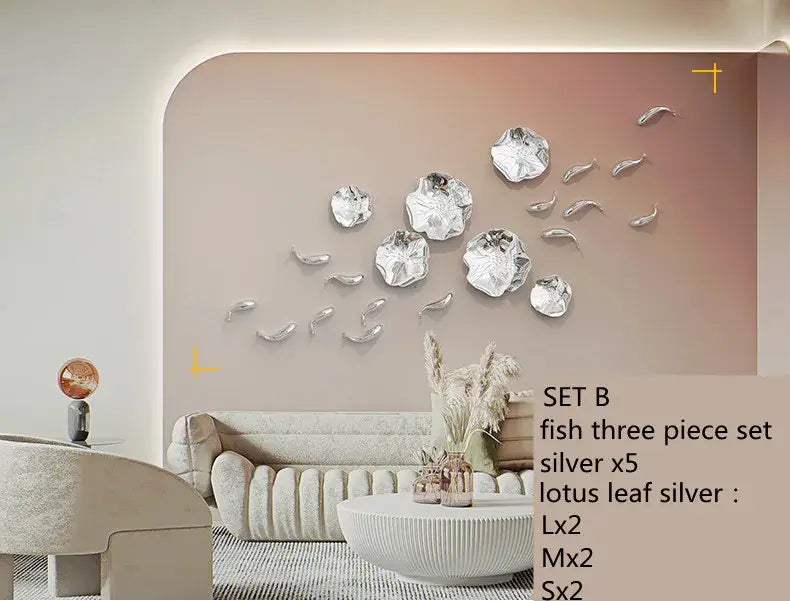 Modern silver metallic carp fish and lotus leaf wall pendant by decorbites for living room decor