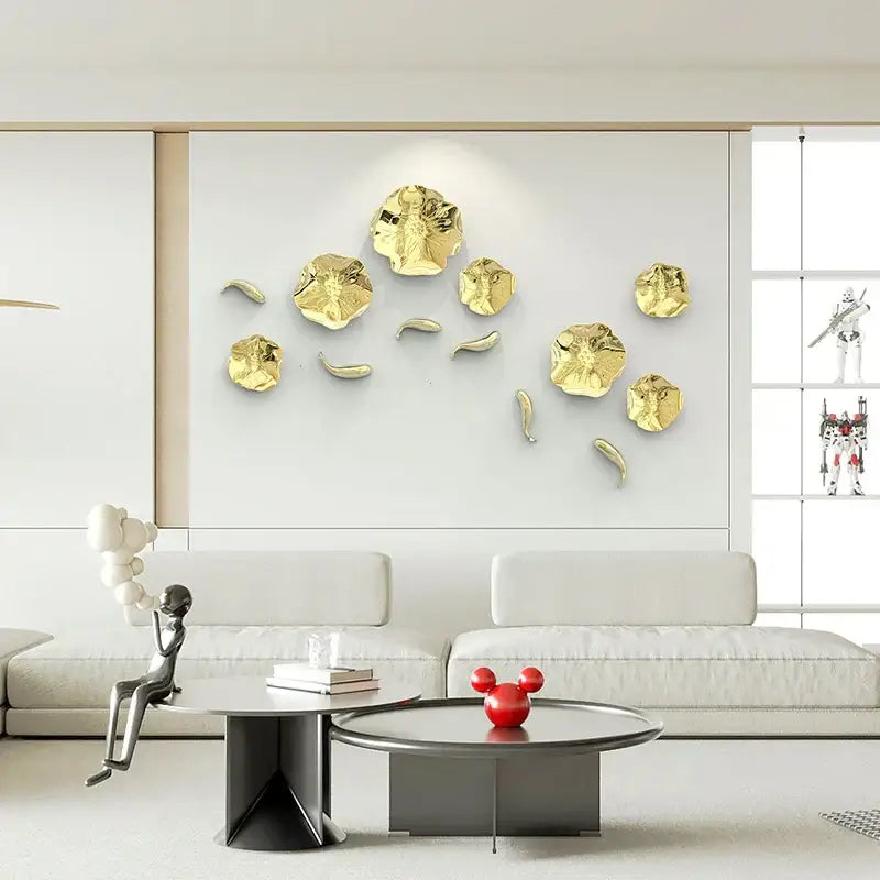 Modern gold carp fish wall pendant with metallic lotus leaf design and glossy finish for living room decorbites carp fish decor