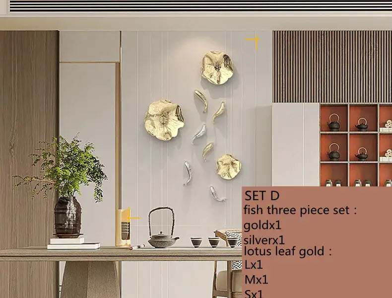 Modern gold and silver metallic carp fish wall pendant with lotus leaf motifs for living room decor by decorbites carp fish