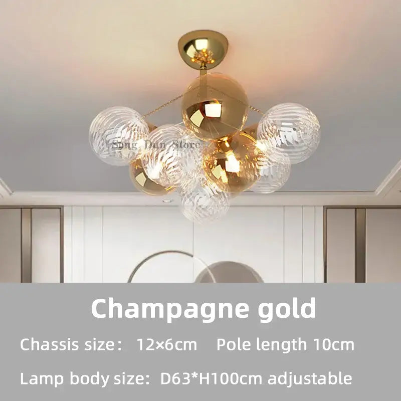 Modern gold cartoon bubble ball chandelier with champagne gold finish and clear metallic glass globe shades for kids room decorbites cartoon bubble