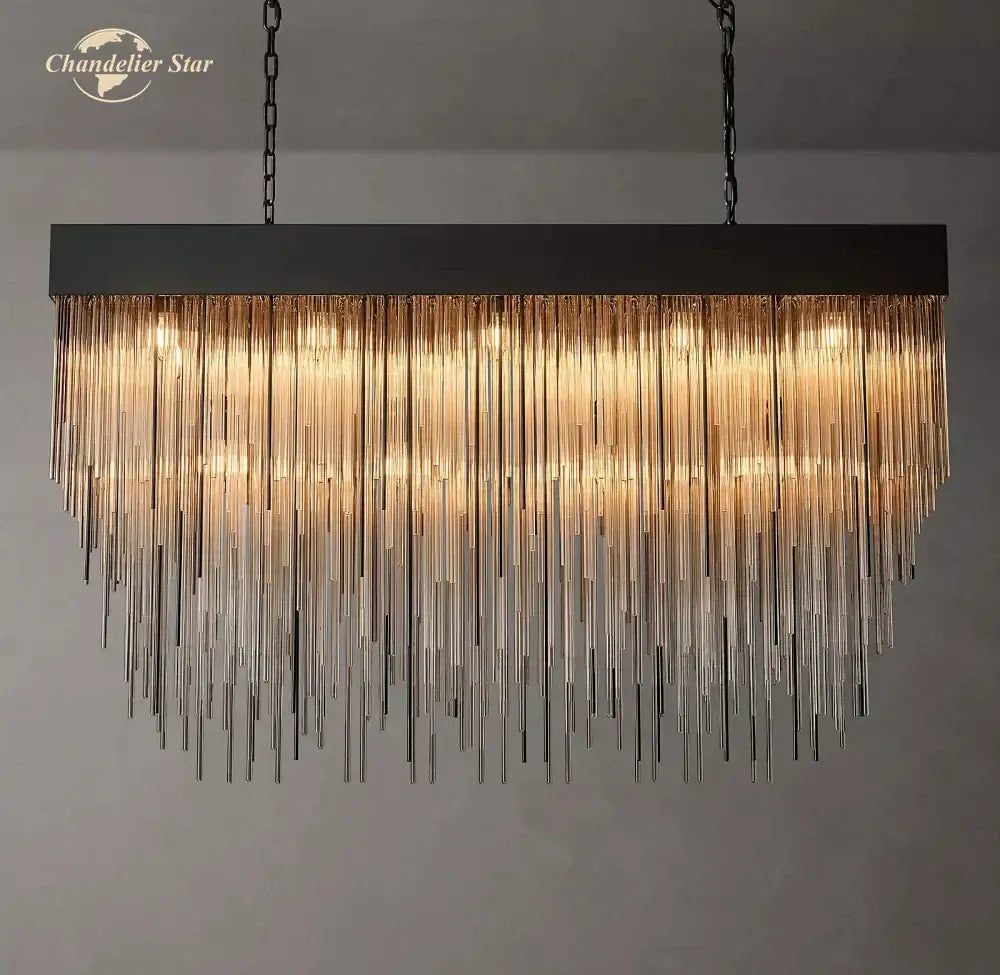 Modern gold cascada rectangular led chandelier with black frame and cascading golden glass rods for dining room decorbites cascada rectangular