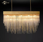 Modern gold cascada rectangular led chandelier with cascading glass rods for elegant dining room decorbites cascada rectangular