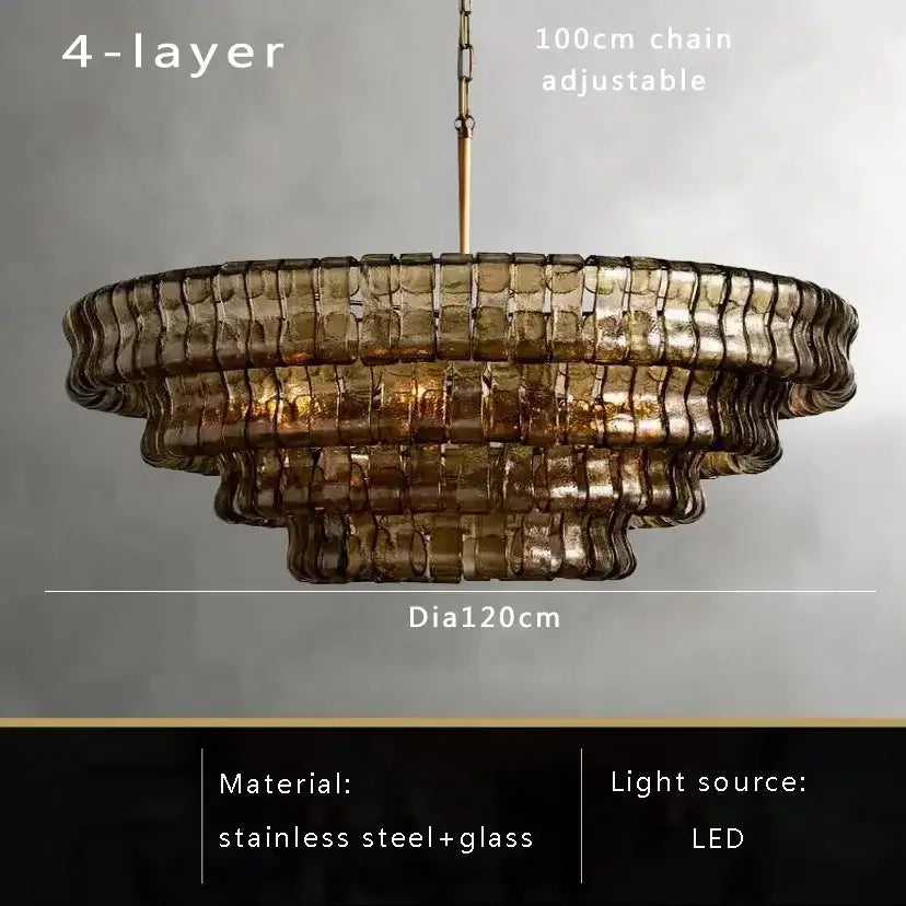 Modern gold cascading pendant lights featuring a four-layer 120cm textured amber decorbites brown glass pendant