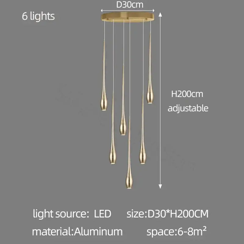 Modern gold aluminum led ceiling chandelier with six adjustable teardrop shaped lights for living room use