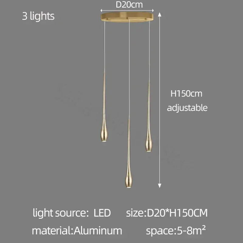 Modern gold cascading led ceiling chandelier with three slender teardrop aluminum fixtures for living room lighting