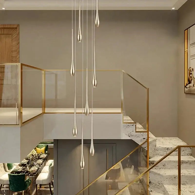 Silver teardrop-shaped pendant led ceiling chandelier with cascading design for modern living room lighting