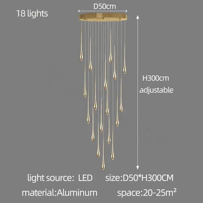 Modern gold-toned aluminum led ceiling chandelier with 18 teardrop-shaped lights for living room use