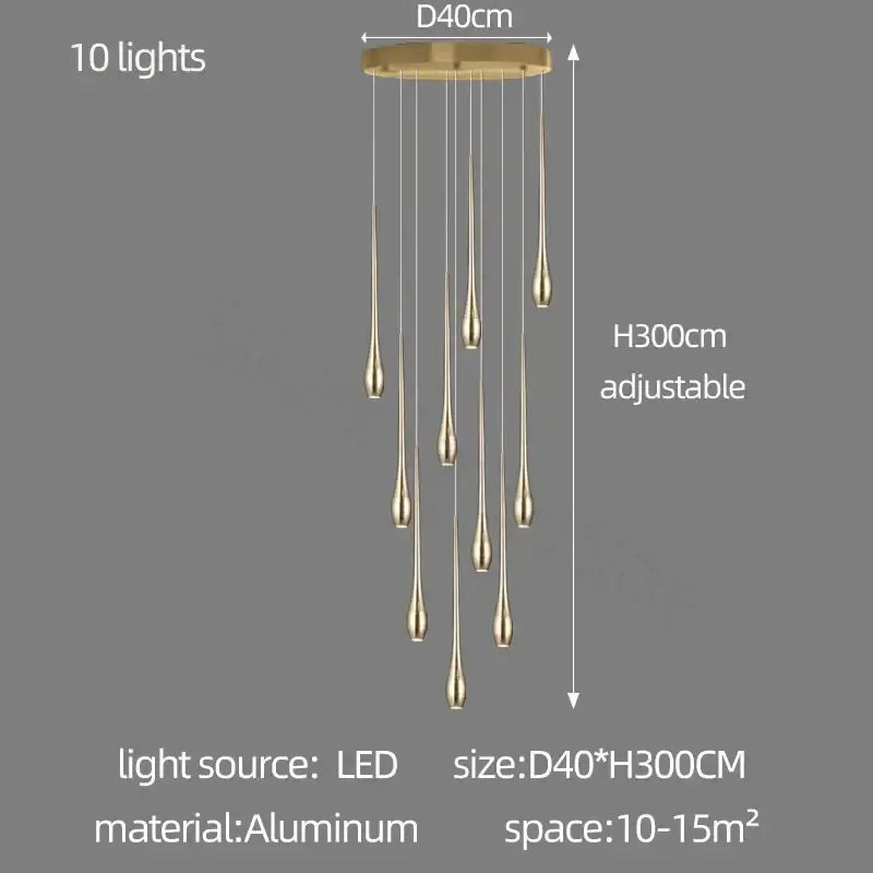 Modern gold-toned aluminum led ceiling chandelier with ten teardrop-shaped lights for living room lighting