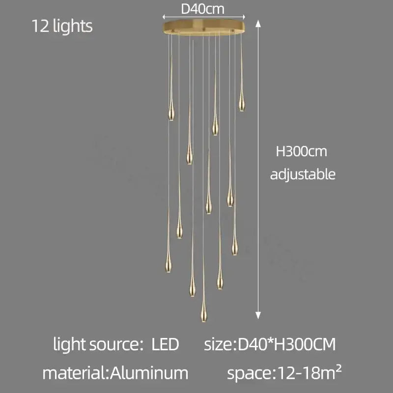 Modern gold-toned aluminum led ceiling chandelier with 12 teardrop-shaped lights for living room use