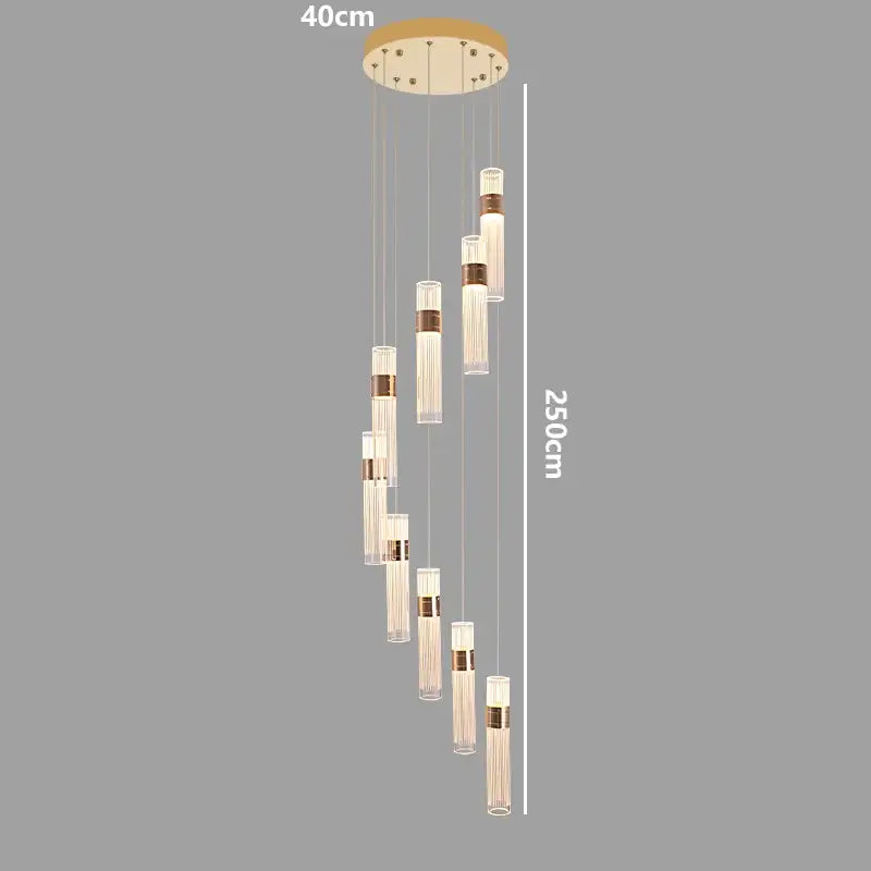 Modern gold cascading pendant light with adjustable height featuring nine cylindrical glass shades and bronze accents