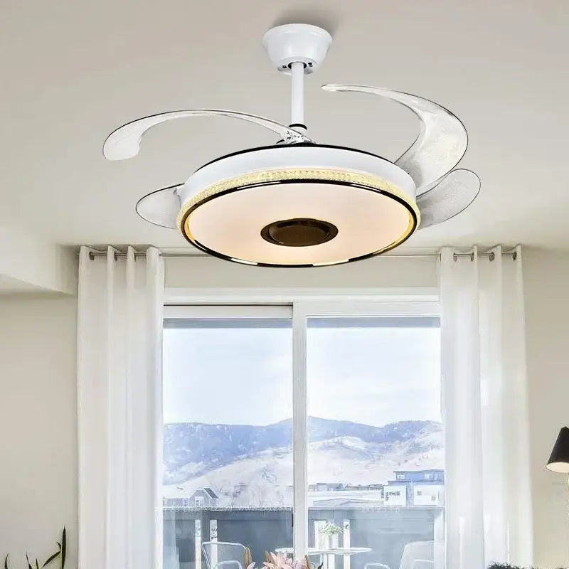 Modern white ceiling fan with integrated lighting transparent curved blades and remote control for living room use