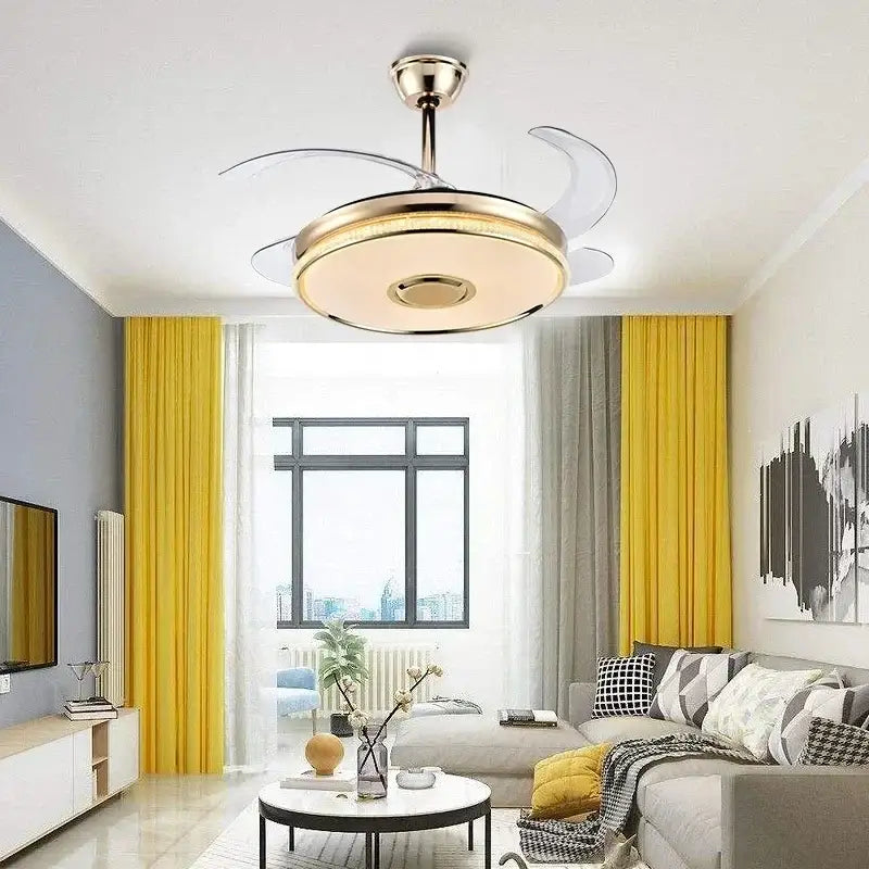 Modern ceiling fan with remote control featuring a sleek gold finish, transparent acrylic blades, and integrated lighting