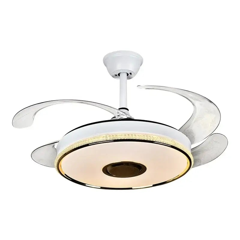 Modern ceiling fan with sleek silver blades, gold trim, integrated lighting and remote control for living room use