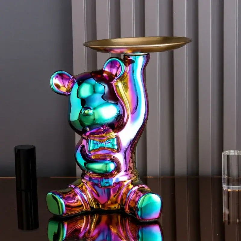 Modern gold ceramic electroplating bear tray with an iridescent bear holding a gold tray for living room decoration