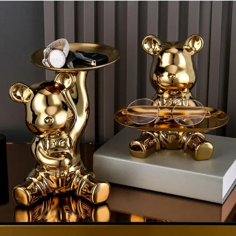 Modern gold ceramic electroplating bear tray with polished metallic finish and circular platforms for living room decoration