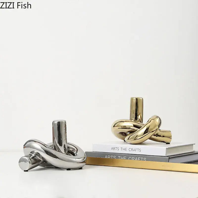 Modern gold ceramic knot sculpture and silver decorbites ceramic knot with glossy finish for living room decor
