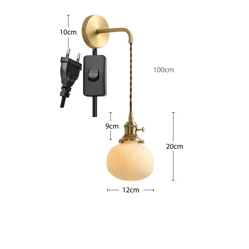 Modern gold ceramic wall lamp with brass finish ribbed off-white glass shade and twisted brown cord for bedroom decorbites ceramic wall lamp