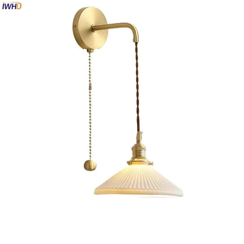 Modern gold ceramic wall lamp with ribbed cream glass shade and twisted brown cord for bedroom decorbites ceramic wall lamp