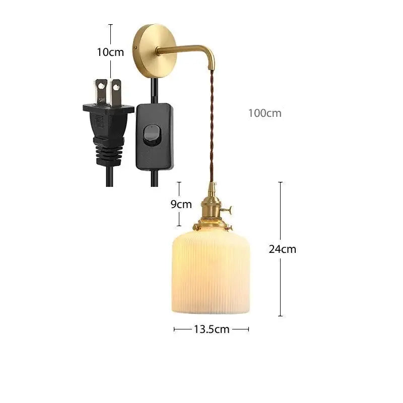 Modern gold ceramic wall lamp with ribbed off-white glass shade and twisted brown cord for stylish bedroom decorbites ceramic wall lamp