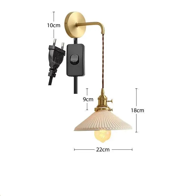 Modern gold ceramic wall lamp with fluted off-white ribbed shade and twisted brown cord ideal for bedroom decorbites ceramic wall lamp