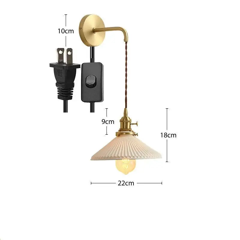 Modern gold ceramic wall lamp with ribbed off-white glass shade and twisted brown cord for bedroom decorbites ceramic wall lamp