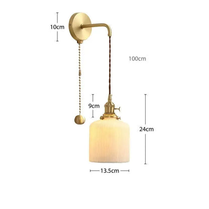 Modern gold ceramic wall lamp with ribbed off-white glass shade and adjustable pull-chain switch perfect for bedroom decorbites ceramic wall lamp