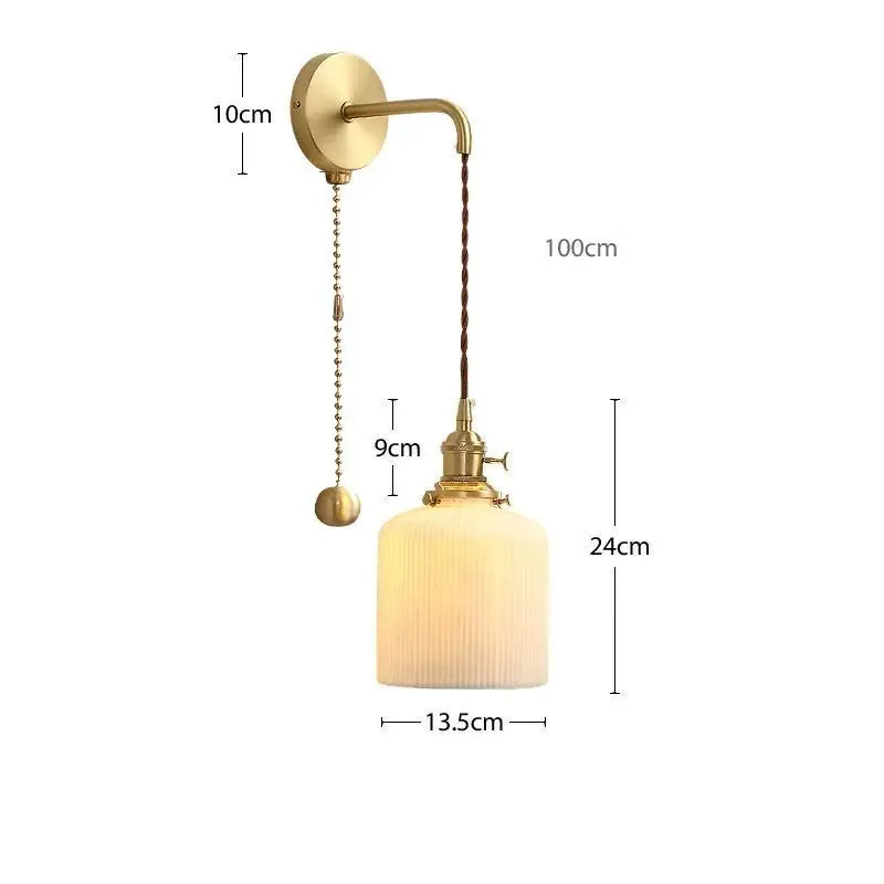 Modern gold ceramic wall lamp with ribbed off-white glass shade and adjustable pull-chain switch for bedroom decorbites ceramic wall lamp