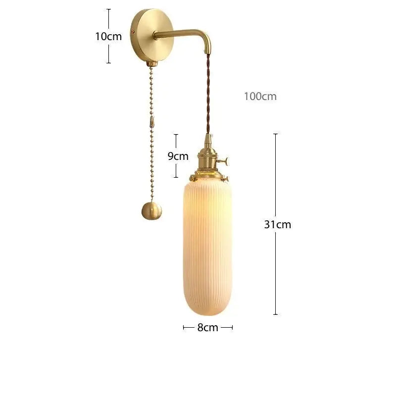Modern gold ceramic wall lamp with a ribbed frosted glass shade and ornate pull chain for bedroom decorbites ceramic wall use