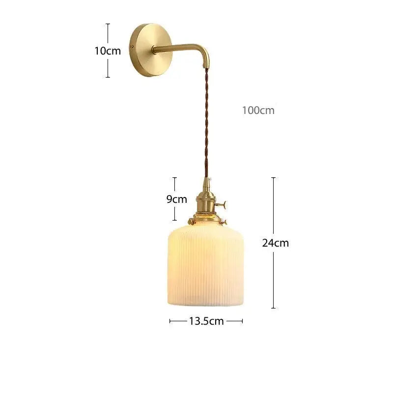 Modern gold ceramic wall lamp with ribbed off-white glass shade and twisted brown cord for elegant bedroom decorbites ceramic wall lamp