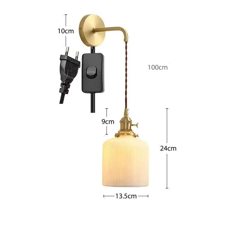 Modern gold ceramic wall lamp with ribbed off-white glass shade and twisted cord for wall lamp decorbites ceramic wall use