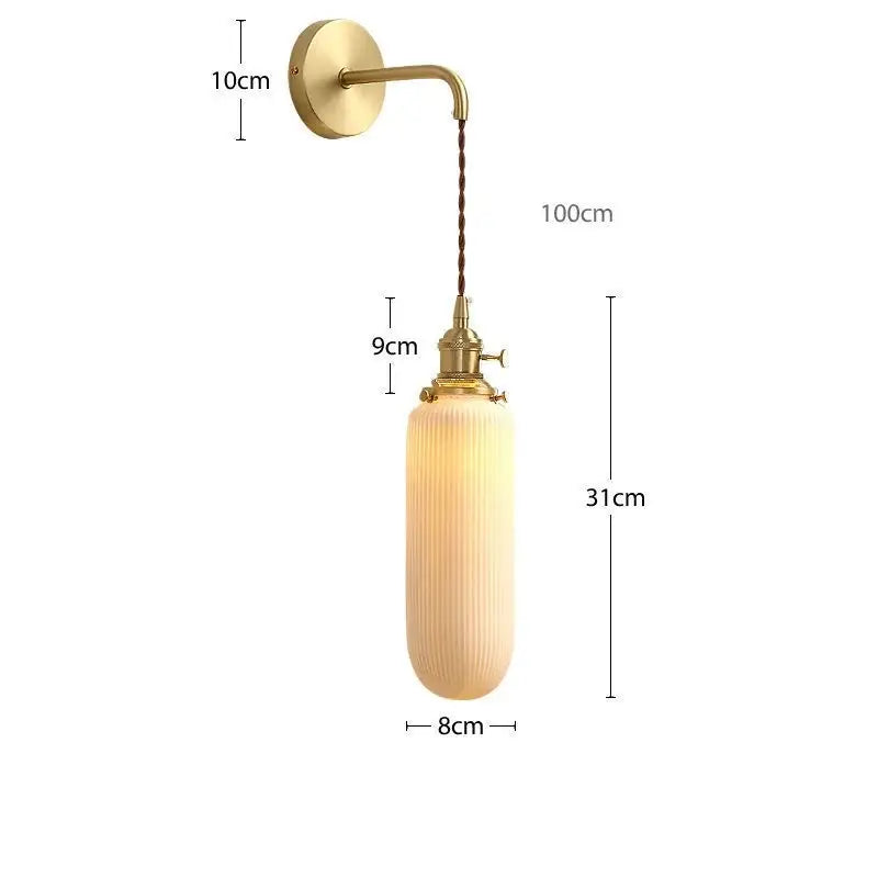 Modern gold ceramic wall lamp with ribbed off-white glass shade and twisted cord for bedroom decorbites ceramic wall lamp