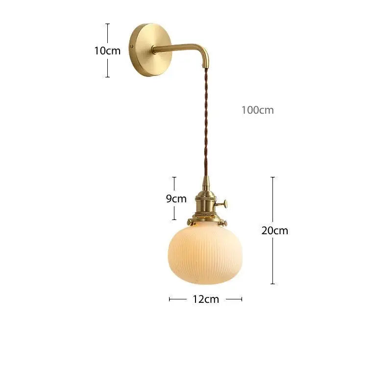Modern gold ceramic wall lamp with ribbed off-white glass shade and twisted cord for bedroom decorbites ceramic wall lamp
