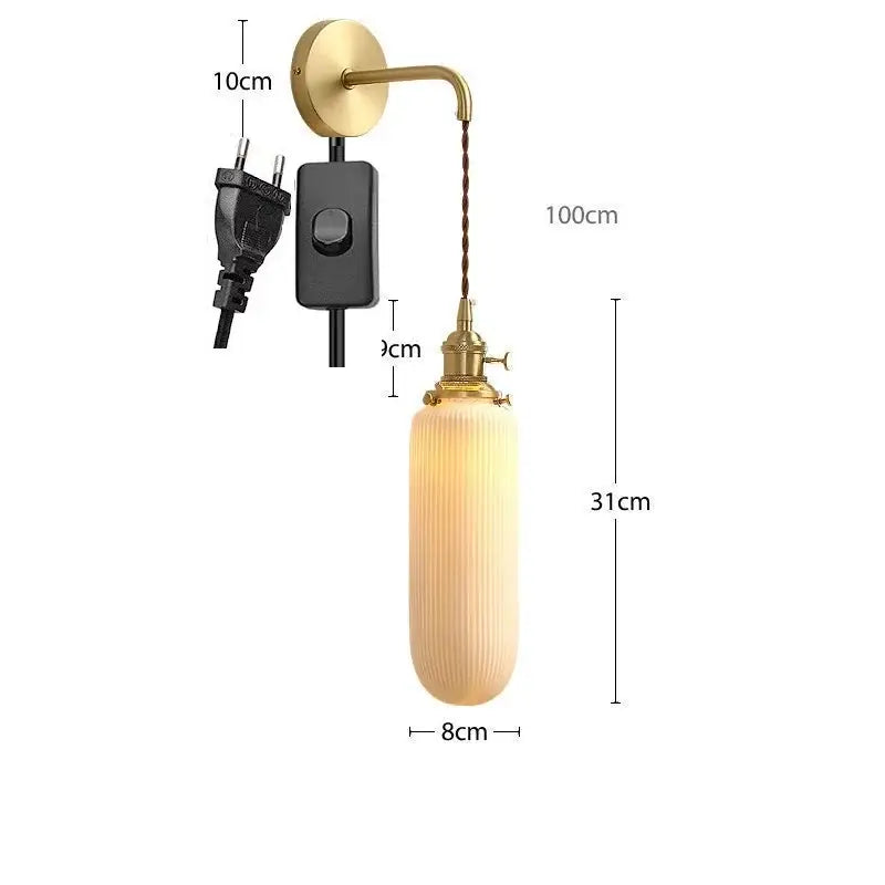 Modern gold ceramic wall lamp with ribbed cream glass shade and exposed twisted cord for bedroom decorbites ceramic wall lamp