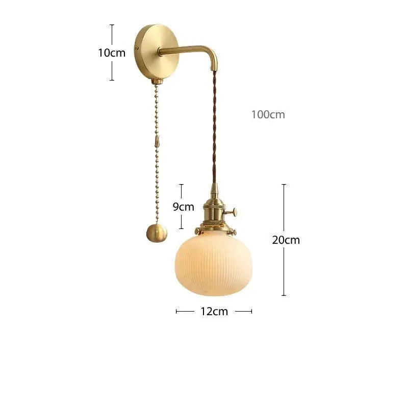 Modern gold ceramic wall lamp with ribbed off-white glass globe and ornate pull-chain switch for bedroom decorbites ceramic wall lamp