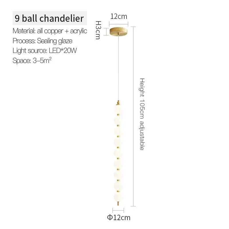 Modern chandelier light fixture with sleek copper 9-ball design and adjustable height for living room spaces up to 5 sqm