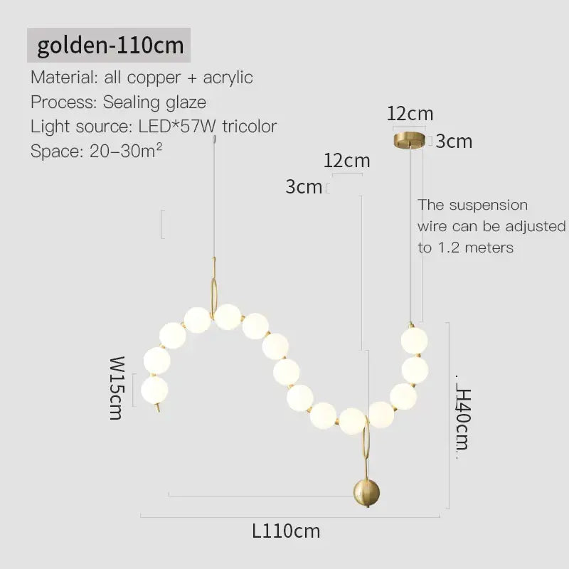 Golden 110cm modern chandelier light with spherical acrylic bulbs and adjustable copper wiring suspension for living room