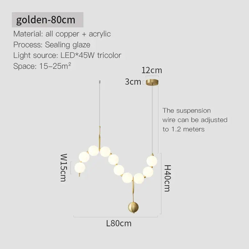 Golden 80cm modern chandelier light fixture with copper and acrylic design featuring spherical bulbs in zigzag pattern