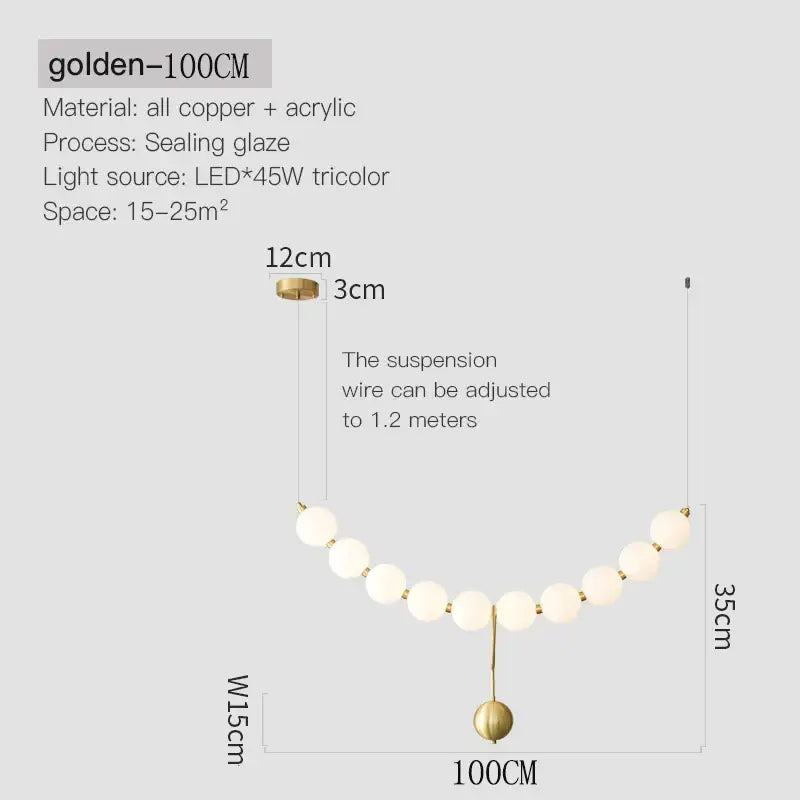 Modern gold chandelier light fixture with frosted acrylic spheres and copper hardware for living room lighting
