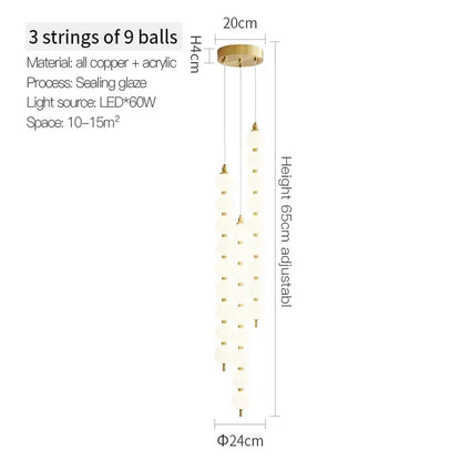 Modern gold copper chandelier light fixture with three strings of frosted glass balls for living room lighting