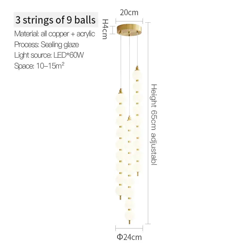 Modern gold copper chandelier light fixture with three strings of frosted glass balls for living room lighting