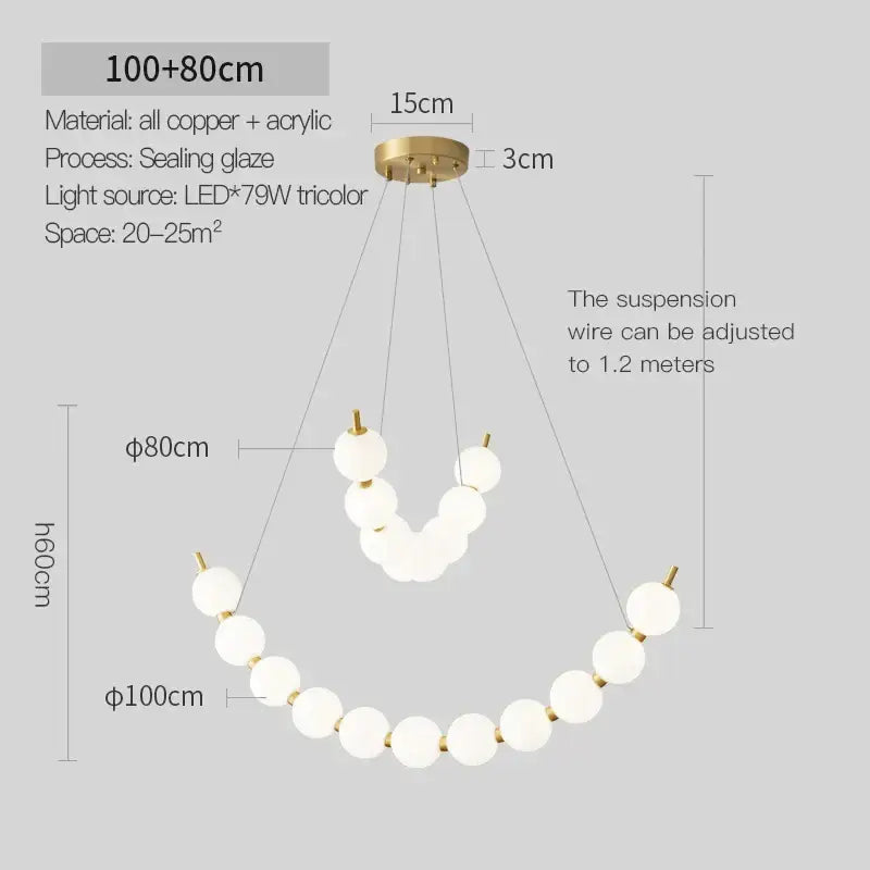 Modern gold copper chandelier light fixture with curved u-shaped frosted glass spheres for living room use