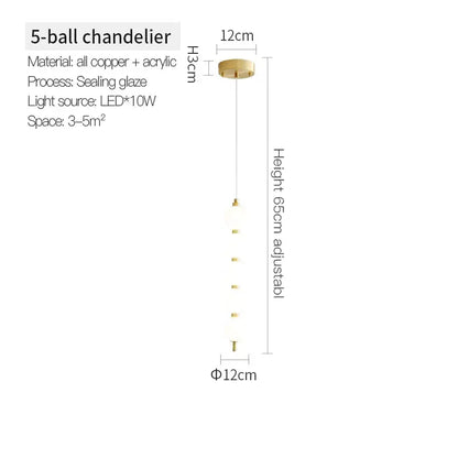 Modern gold copper chandelier light fixture with acrylic 5-ball design and adjustable height for living room use