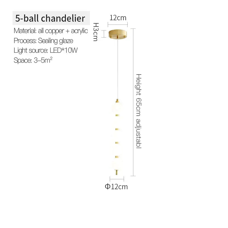 Modern gold copper chandelier light fixture with acrylic 5-ball design and adjustable height for living room use