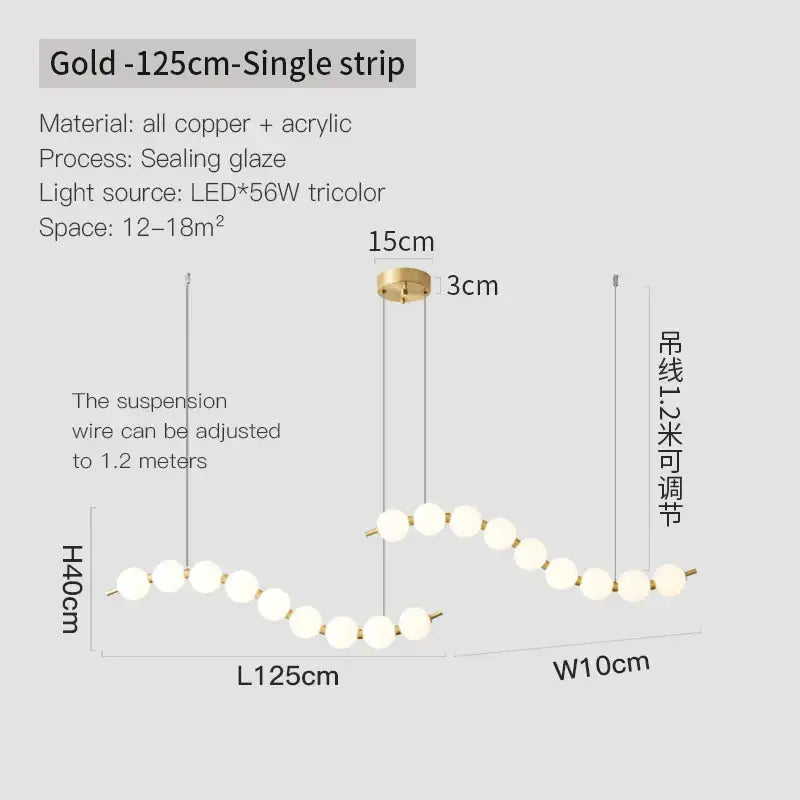 Modern gold pendant light with 125cm frosted acrylic spheres and copper hardware for living room chandelier light fixture