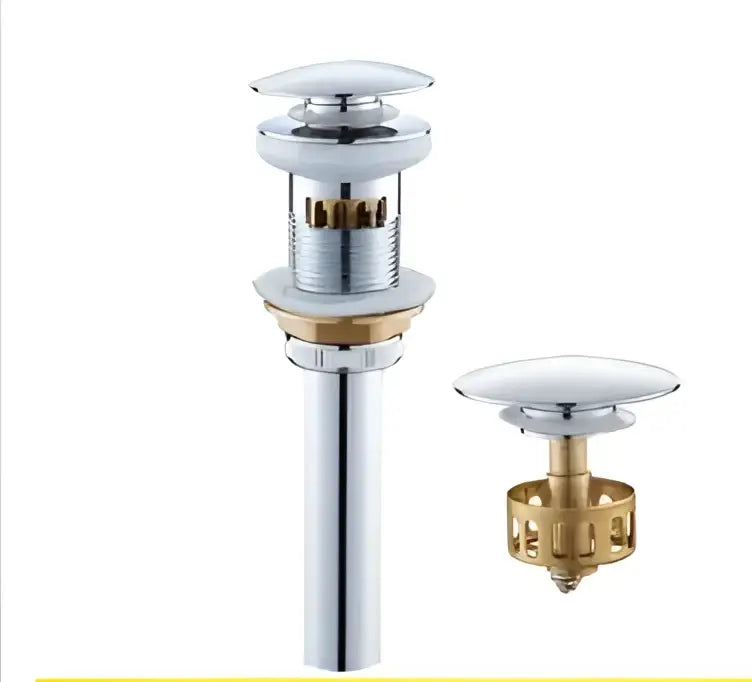 Chrome-finished brass basin faucet with sleek cylindrical drain and matching pop-up stopper by decorbites brass basin
